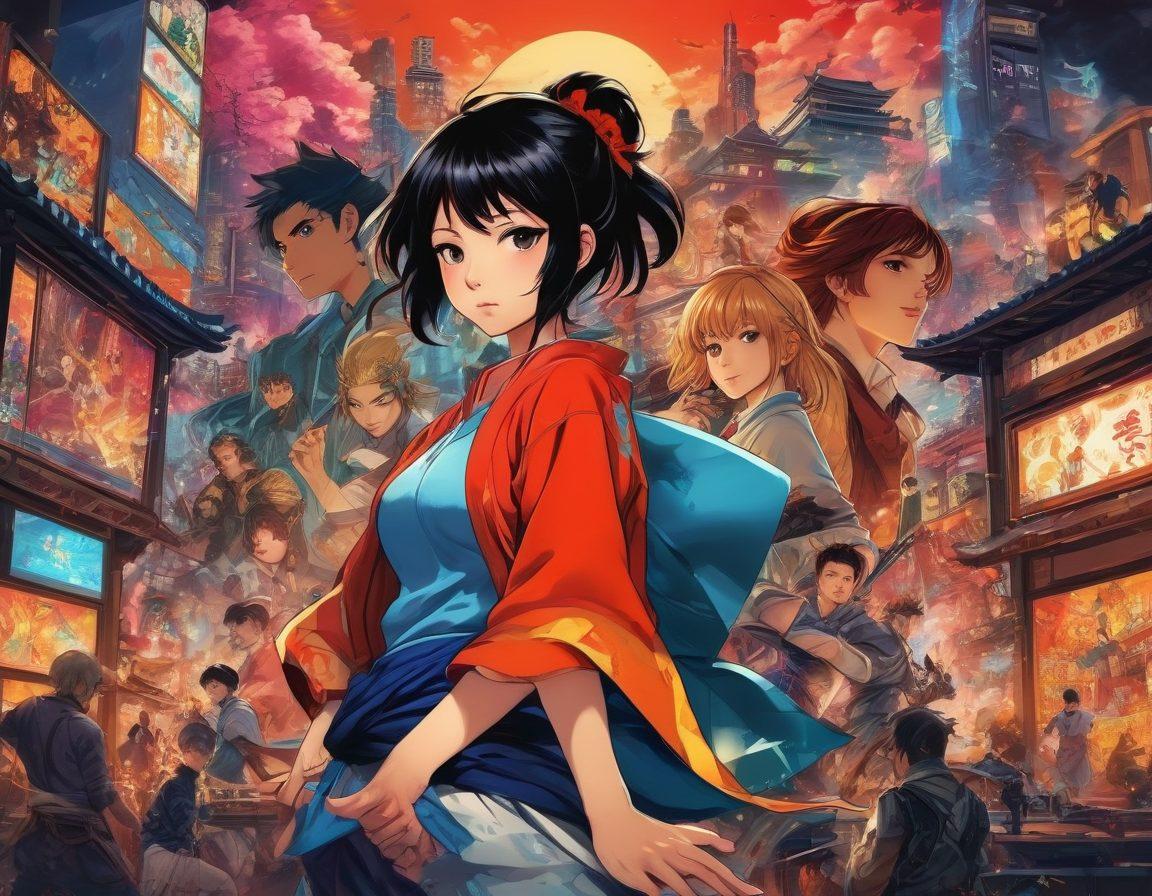 A vibrant collage showcasing iconic elements of anime, manga, and gaming, featuring a diverse group of characters in dynamic poses, surrounded by colorful illustrations of popular scenes, gaming consoles, and manga panels. The background bursts with energy, combining elements of a Japanese cityscape and a fantasy realm, creating an immersive and lively atmosphere. The overall vibe should be inviting and energetic, appealing to otaku culture enthusiasts. vibrant colors. dynamic composition. comic book style.