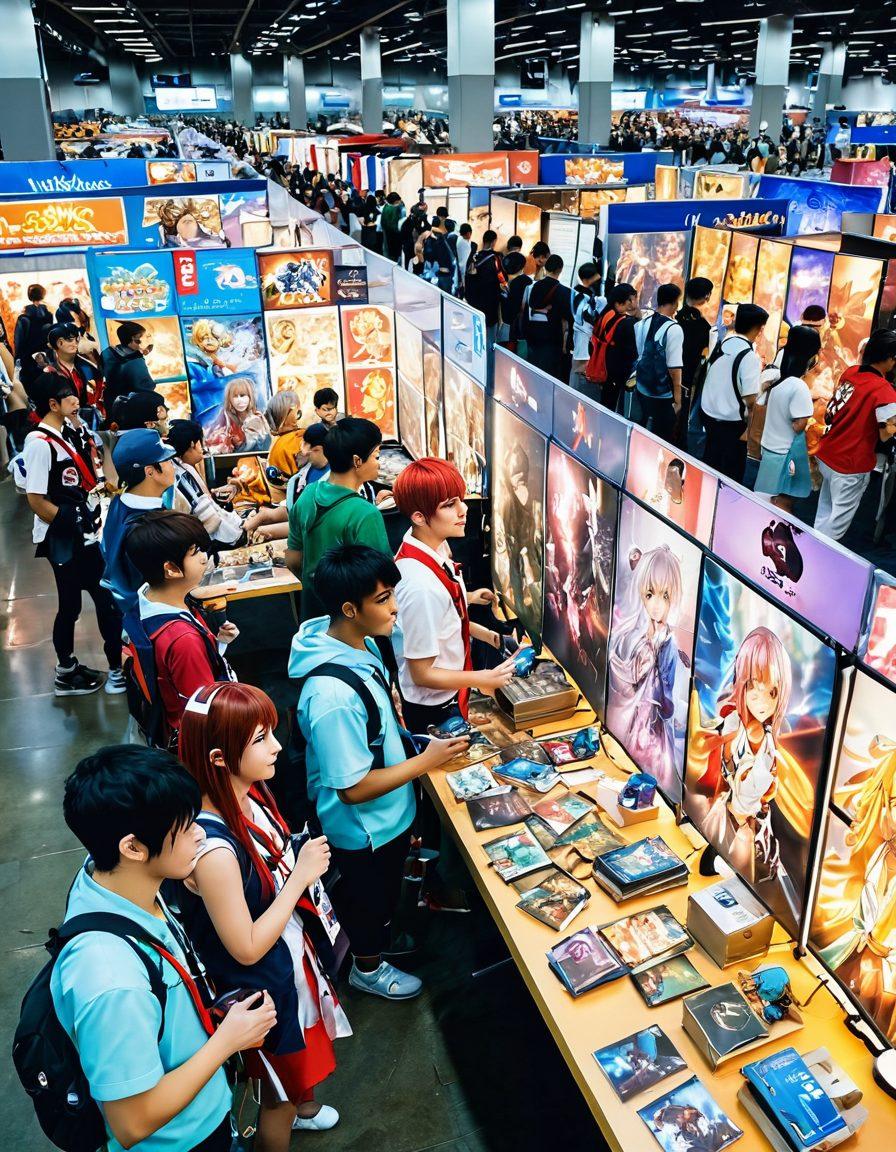 A vibrant gathering of diverse anime fans and gamers in a lively convention setting, surrounded by colorful booths displaying merchandise and artwork. Attendees in unique costumes engaging in fun activities, with banners showcasing popular anime and gaming titles. Incorporate decorations like giant character cutouts and lively lighting that captures the joy and excitement of the culture. super-realistic. bright colors. dynamic composition.