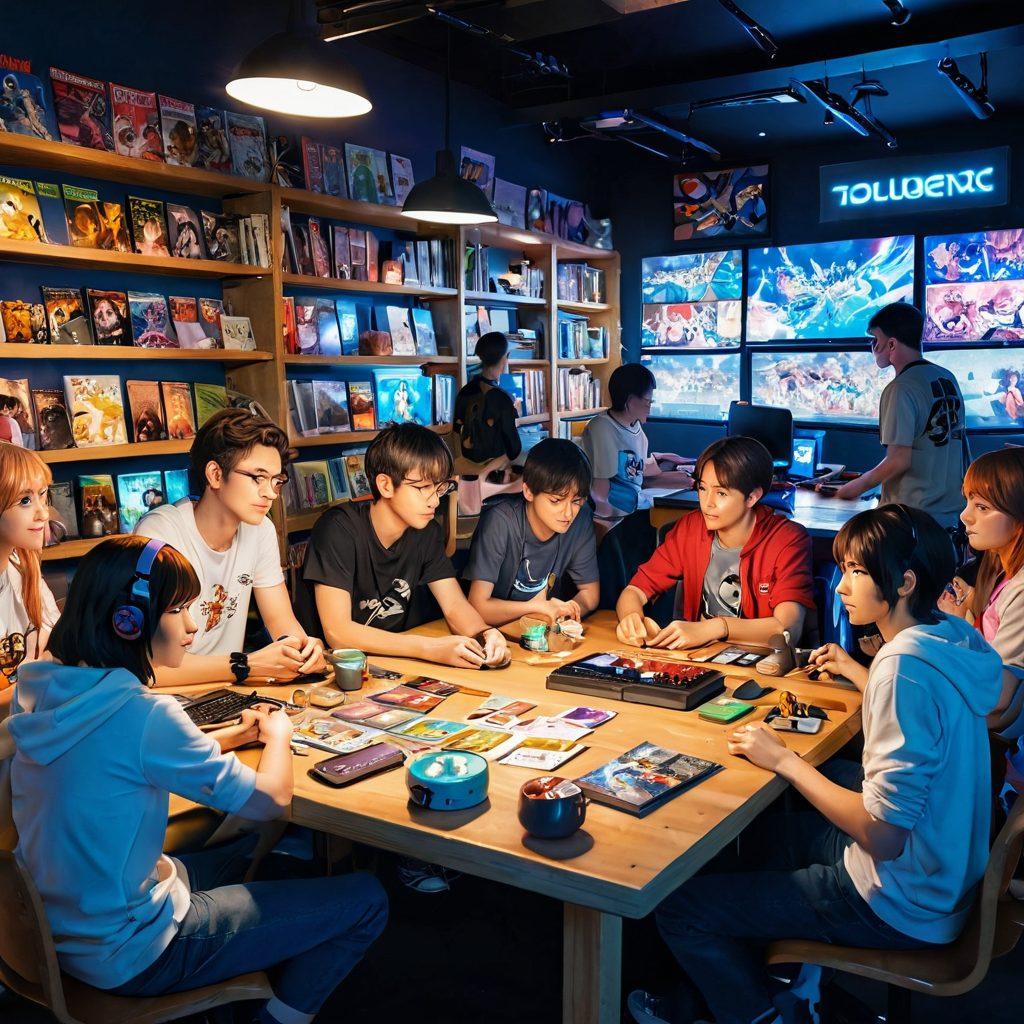 A vibrant scene depicting a diverse group of anime characters and gamers gathered around a table, eagerly sharing tips and tricks. The background features shelves filled with anime and gaming memorabilia, colorful posters, and snacks. Bright, varied lighting creates an energetic atmosphere, while gaming consoles and notebooks are scattered around. Integrate symbols of popular anime and iconic gaming elements for immersion. super-realistic. vibrant colors. dynamic composition.